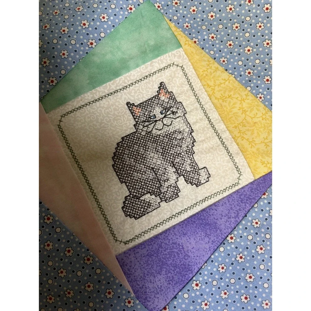 Vtg Quilt Block~Cross Stitch Gray Cat~Machine Embroidered~8.5